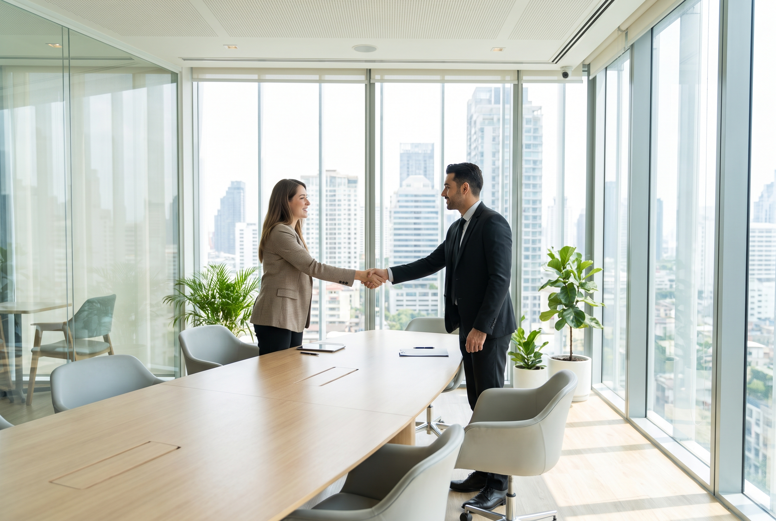 Two business professionals shaking hands in a modern meeting room