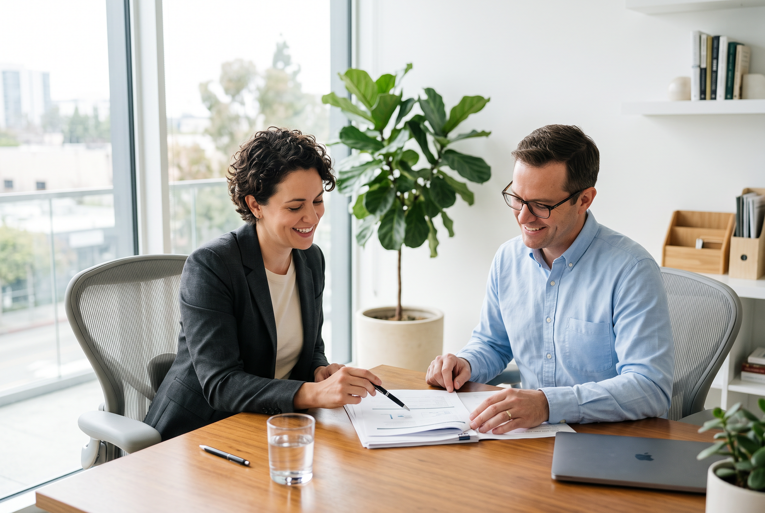 Advisor and client reviewing a health insurance document together at a bright desk