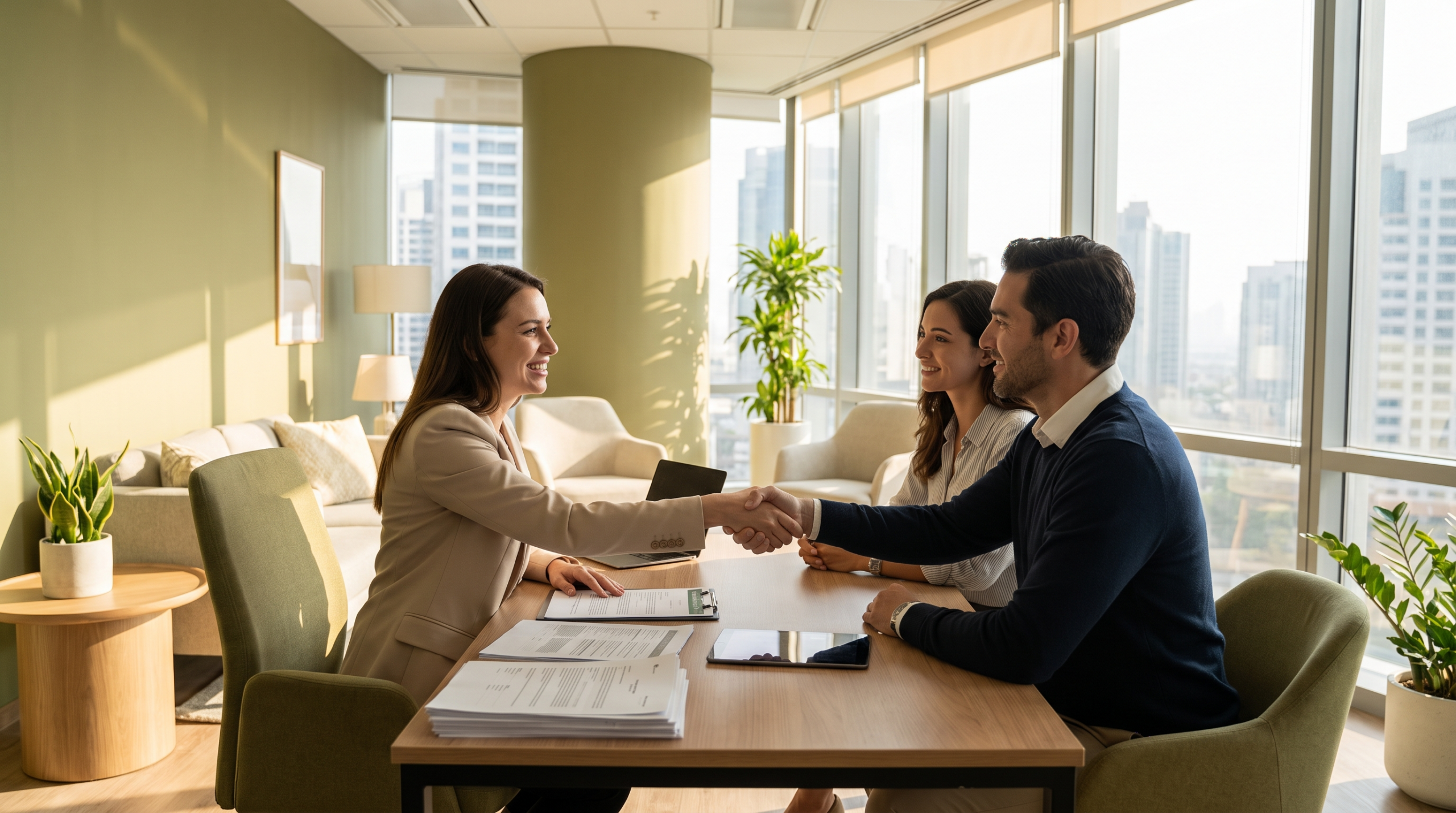 Insurance advisor shaking hands with a client couple in a bright, modern office