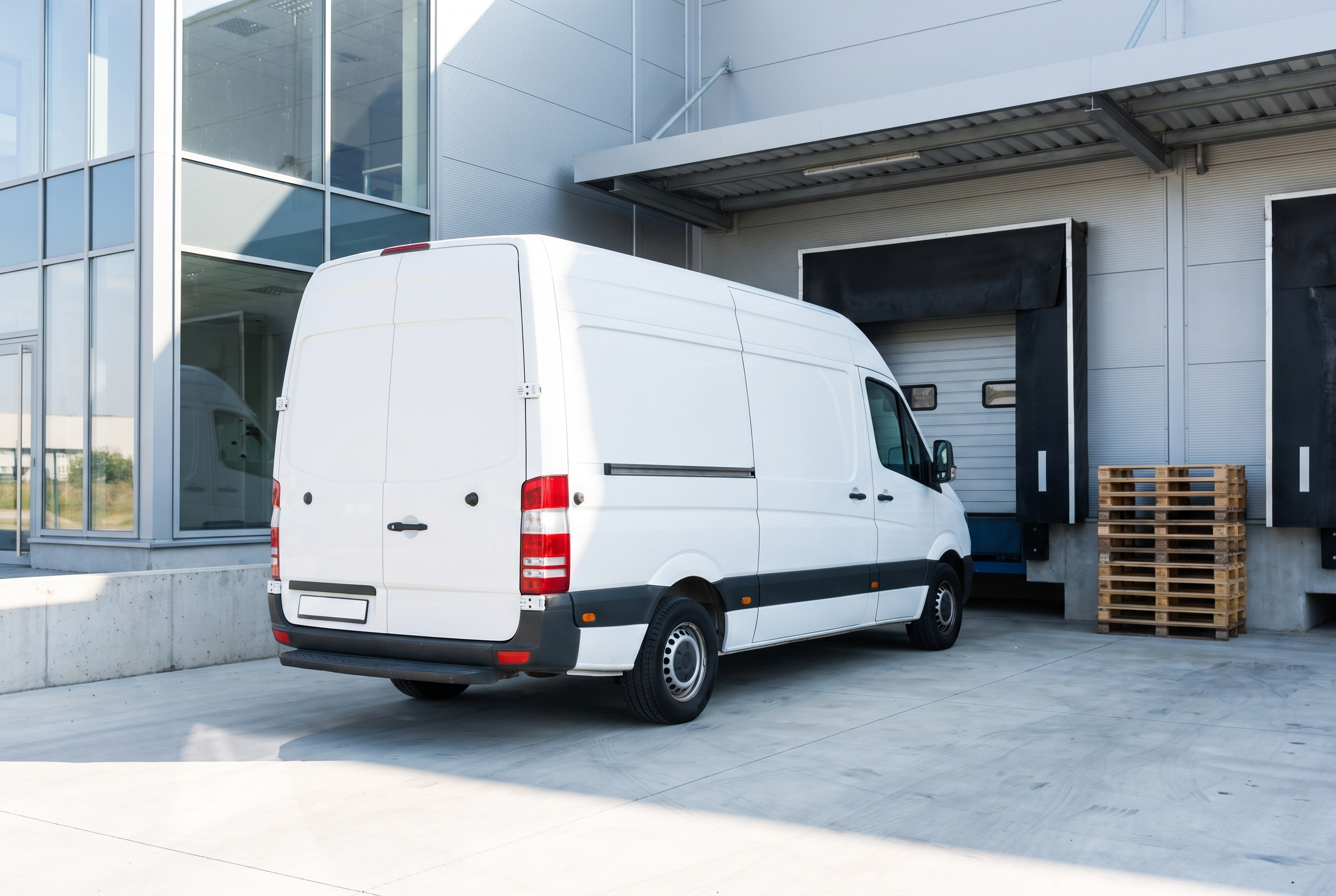 White delivery van at a logistics warehouse loading dock, representing goods in transit