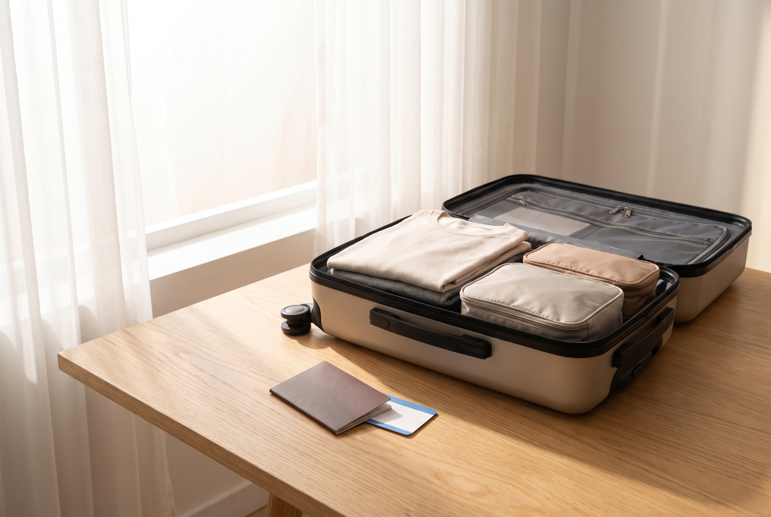 Packed suitcase, passport and boarding pass ready for a trip covered by annual travel insurance